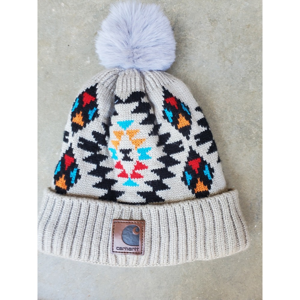 Carhartt‎ Beanie Tan Aztec Knit Pom Pom Faux Fur Lined Winter Hat One Size